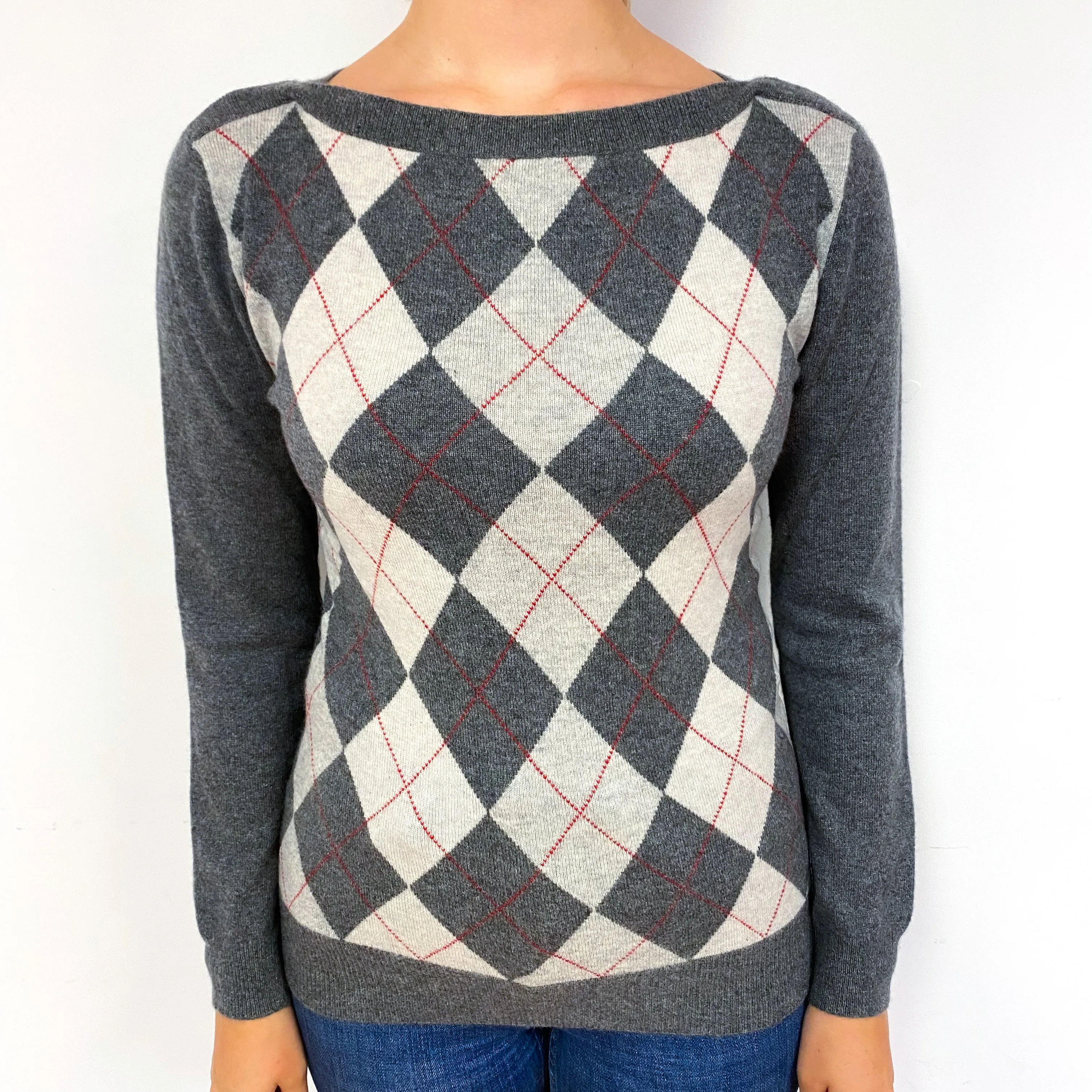 Slate Grey Argyle Cashmere Boat Neck Jumper Small