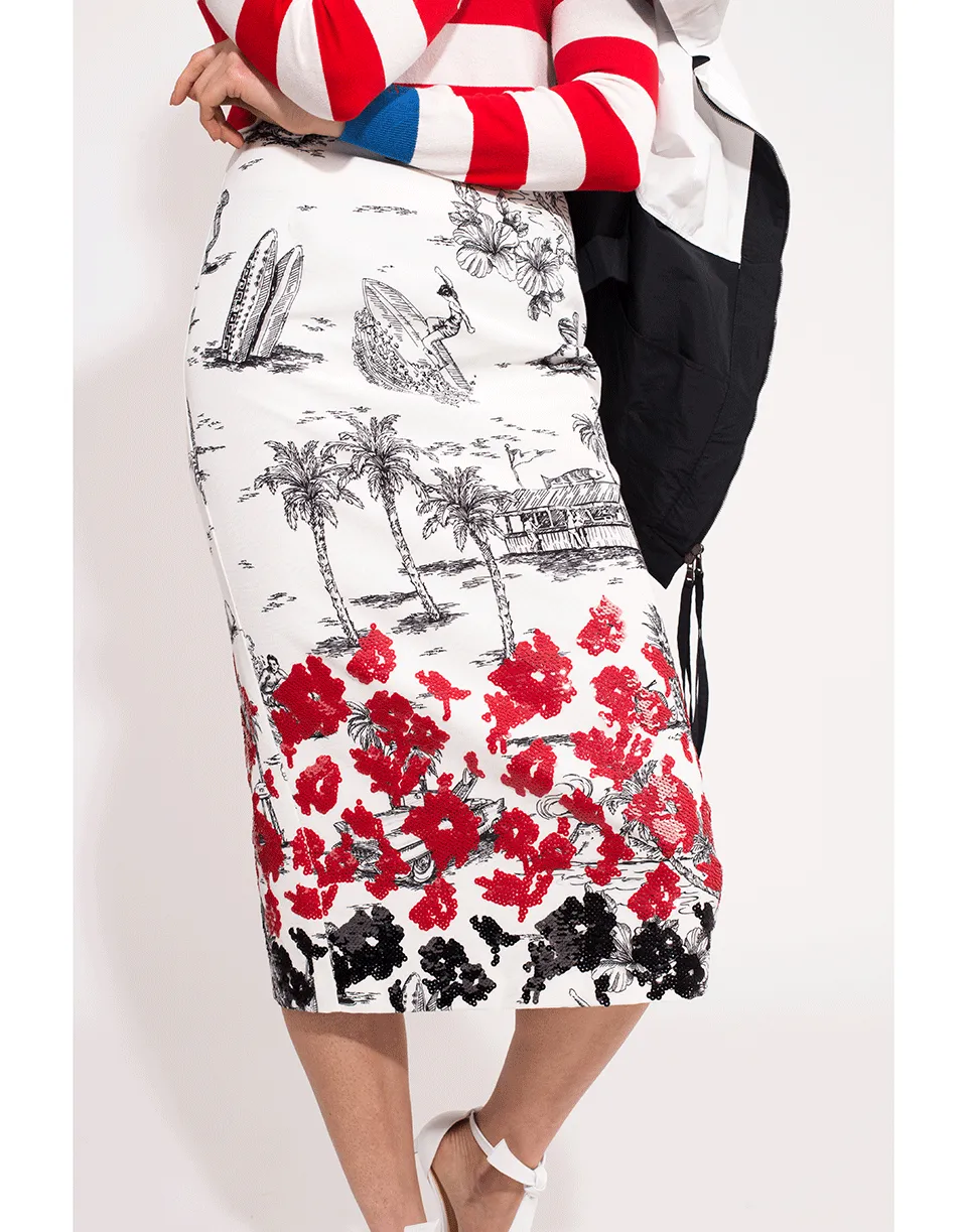 Slim Print Faille Beaded Skirt