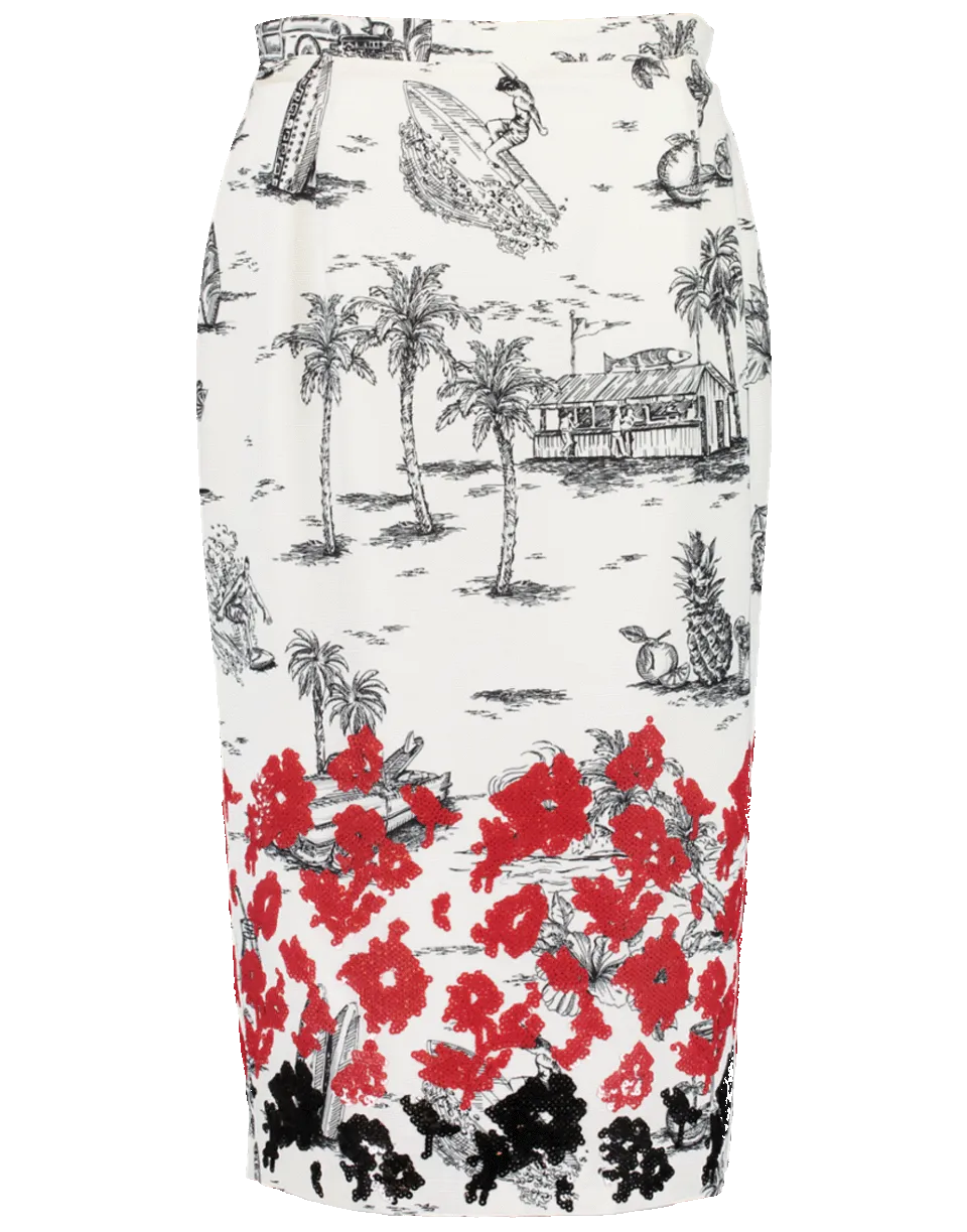 Slim Print Faille Beaded Skirt