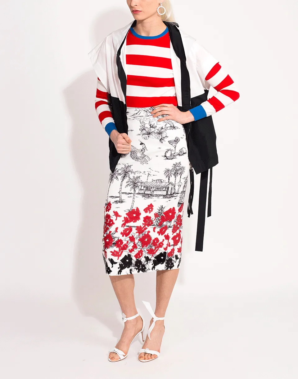 Slim Print Faille Beaded Skirt