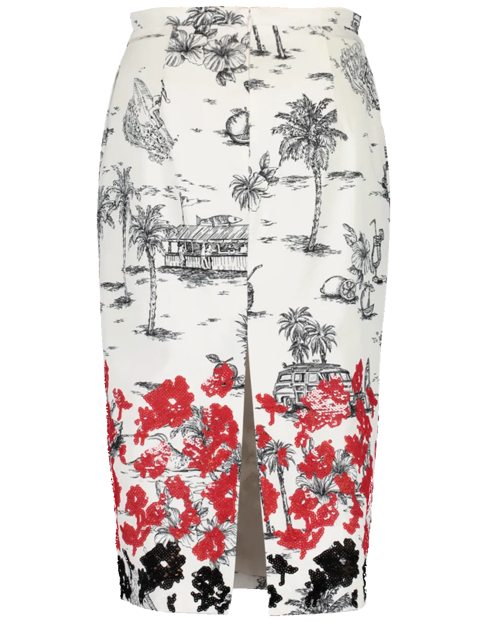 Slim Print Faille Beaded Skirt