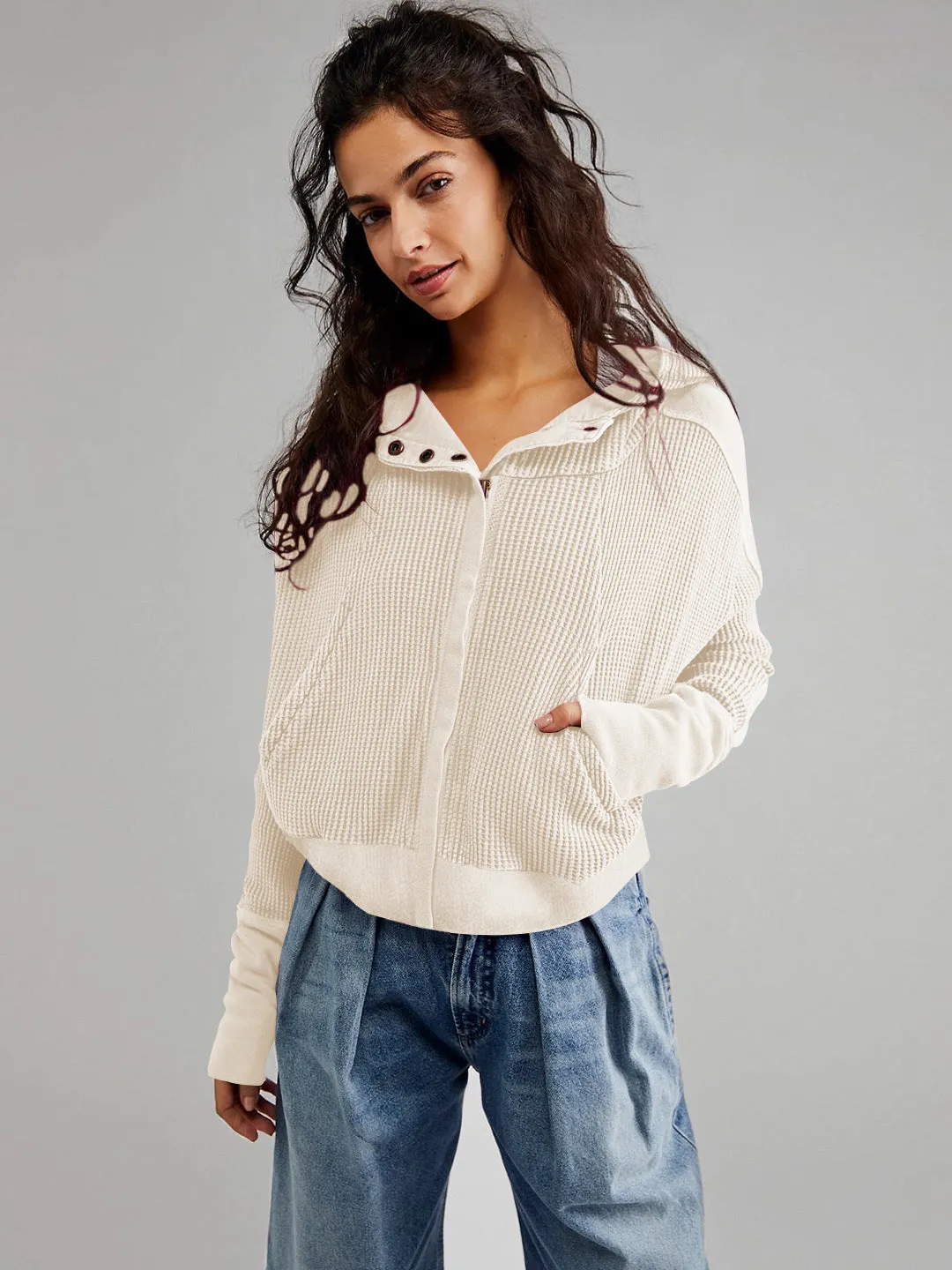 Stand Collar Patchwork Hooded Cardigan