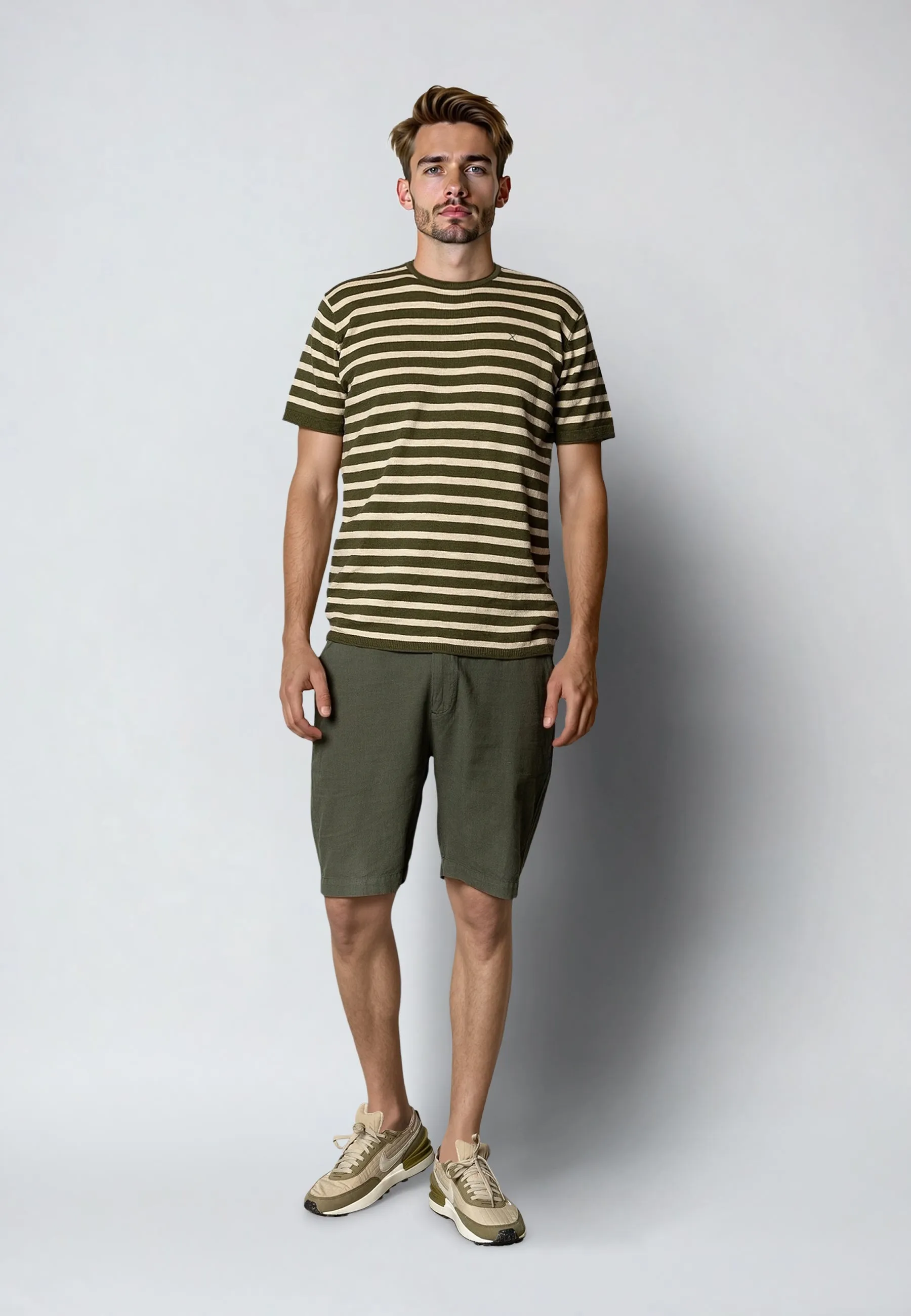 Thomas stripe knitted t-shirt - Army/Ecru striped