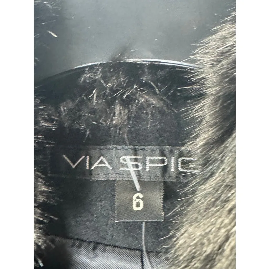 VIA SPIGA Women's Black Wool Faux Fur Collar Asymmetrical Moto Trench Coat SZ 6