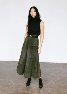 Vintage 1990s Suede Leather Midi Skirt in Moss Green