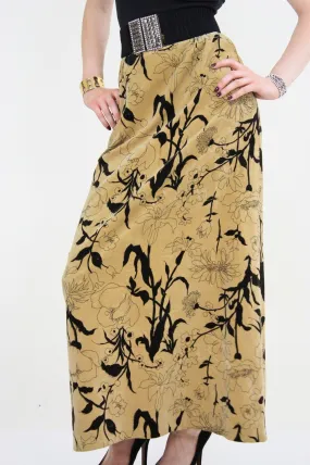 Vintage 70s Boho cotton velvet tan floral maxi skirt