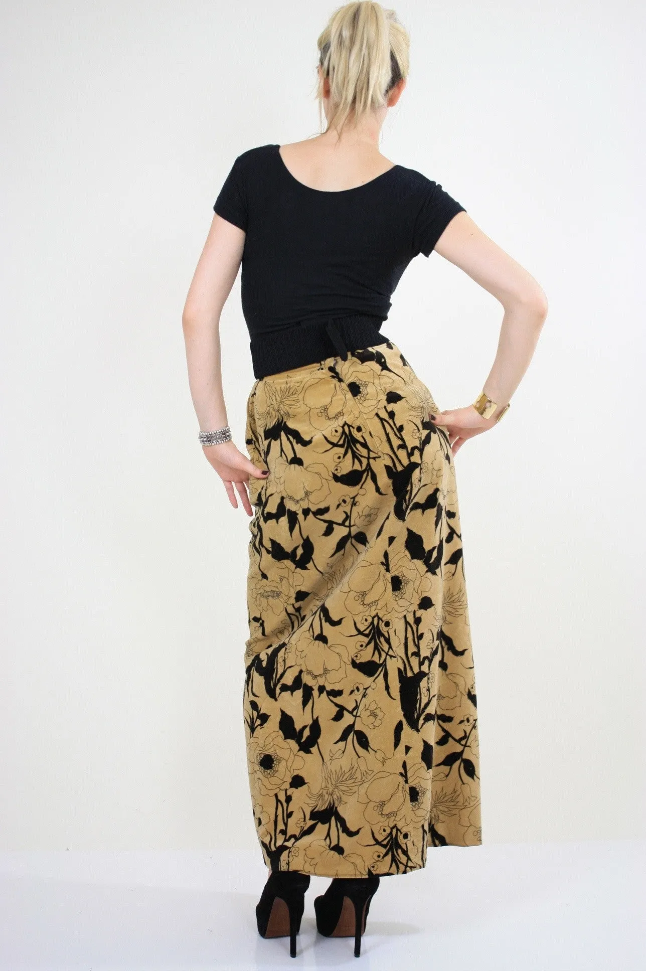 Vintage 70s Boho cotton velvet tan floral maxi skirt