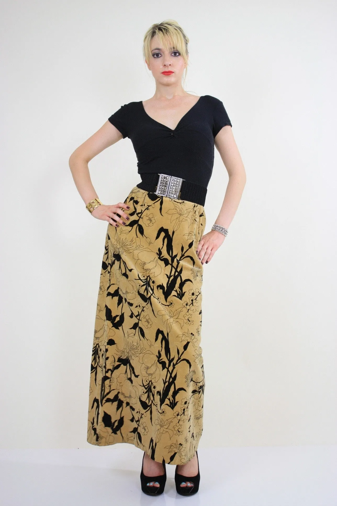 Vintage 70s Boho cotton velvet tan floral maxi skirt