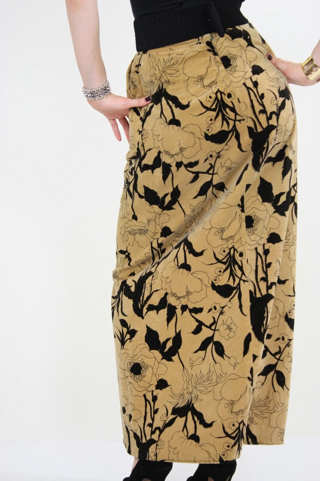 Vintage 70s Boho cotton velvet tan floral maxi skirt