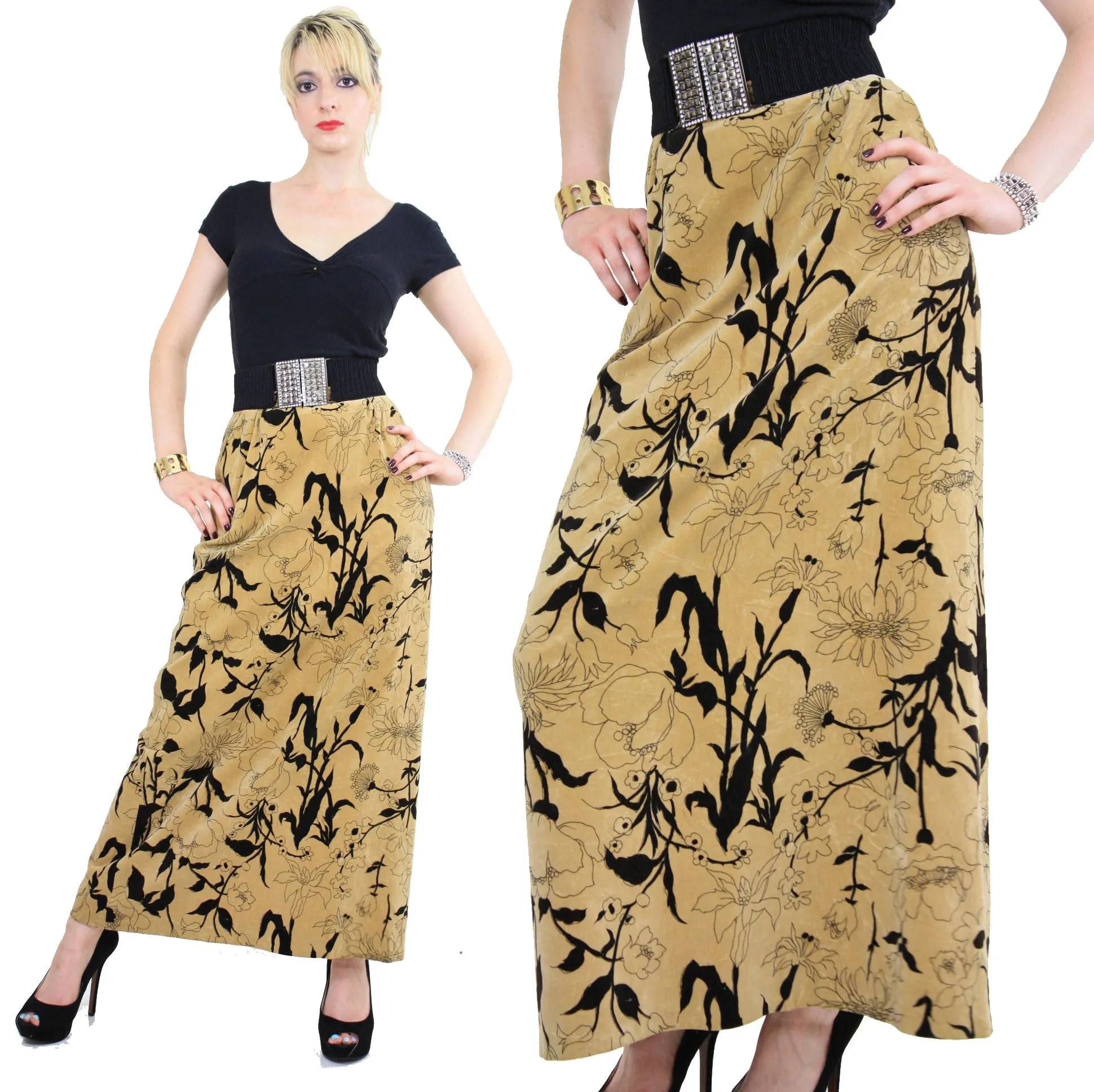 Vintage 70s Boho cotton velvet tan floral maxi skirt