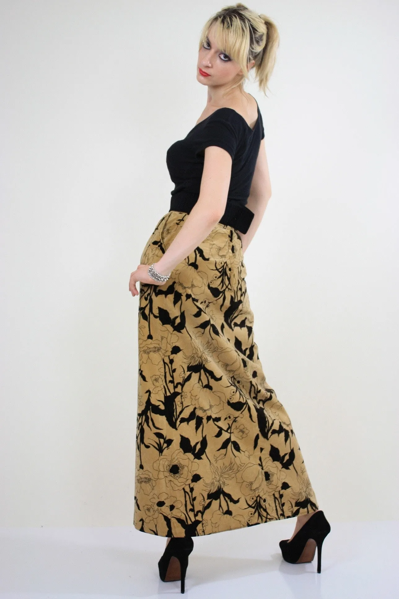 Vintage 70s Boho cotton velvet tan floral maxi skirt