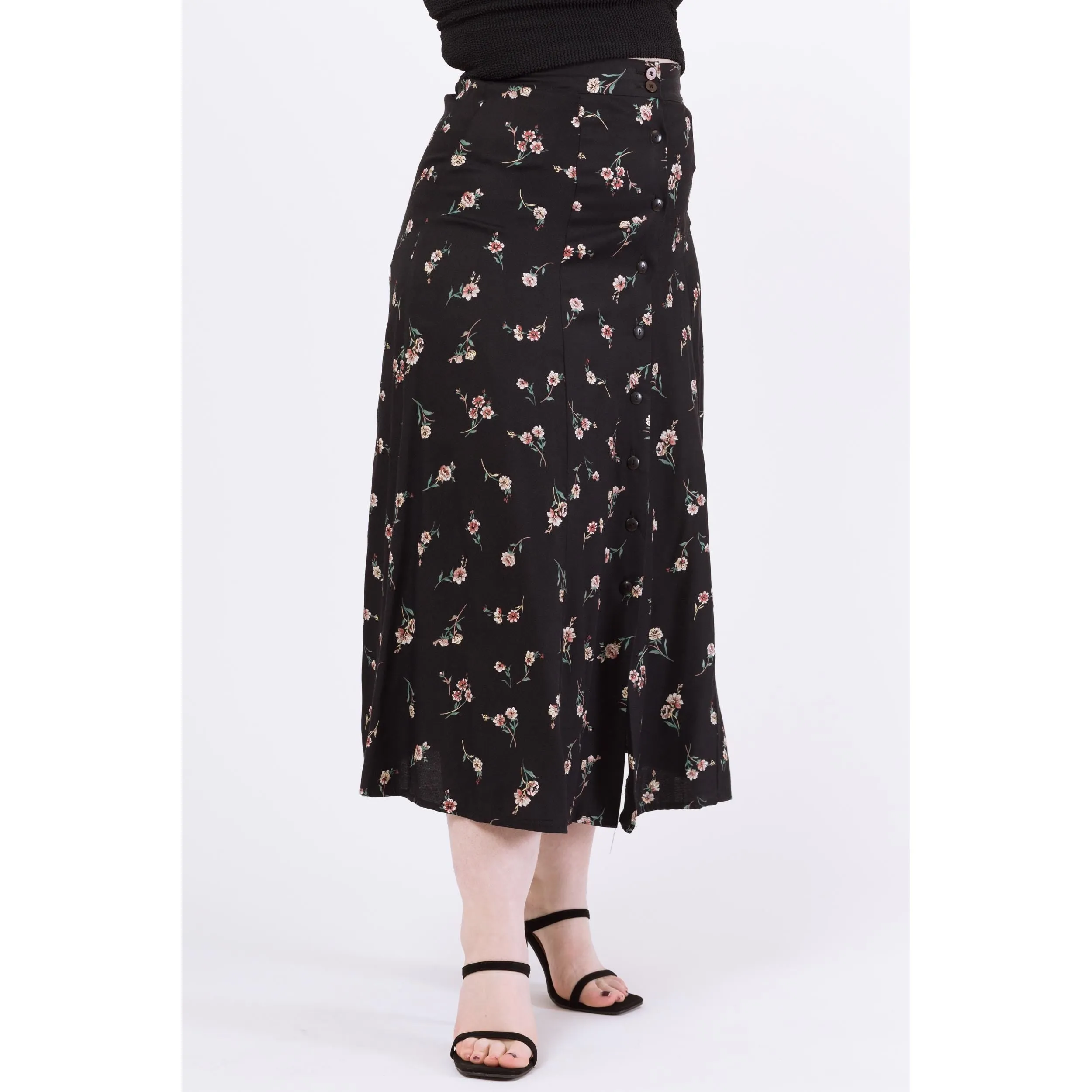 Vintage 90s Black Floral Maxi Skirt - Medium, 28"-32"