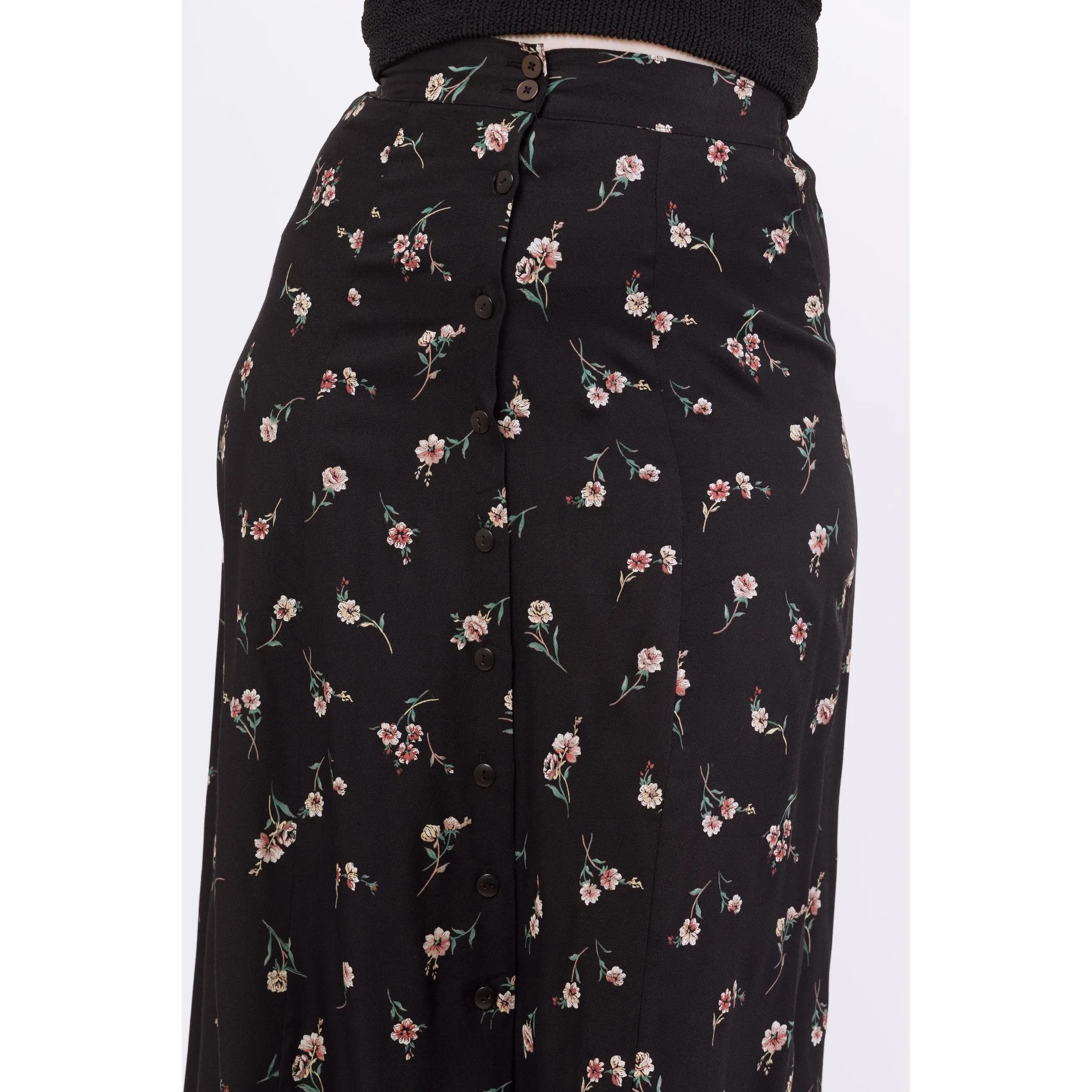 Vintage 90s Black Floral Maxi Skirt - Medium, 28"-32"
