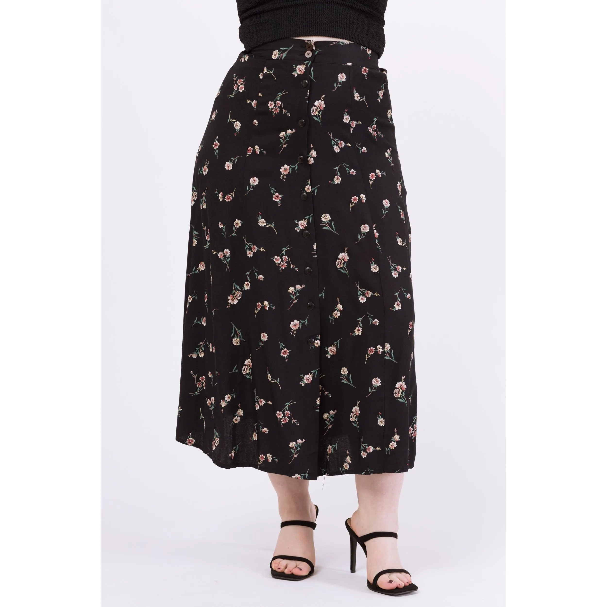 Vintage 90s Black Floral Maxi Skirt - Medium, 28"-32"