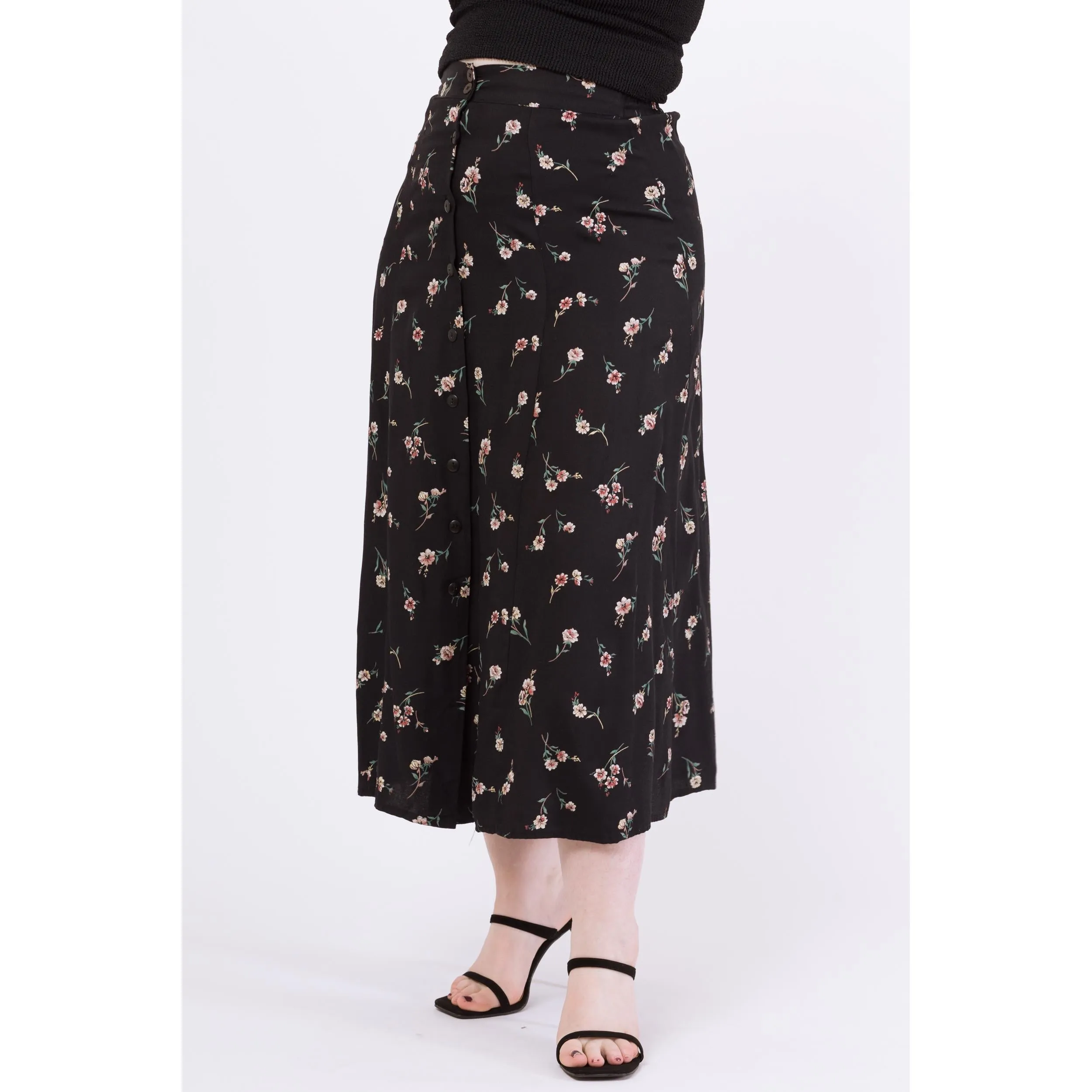 Vintage 90s Black Floral Maxi Skirt - Medium, 28"-32"