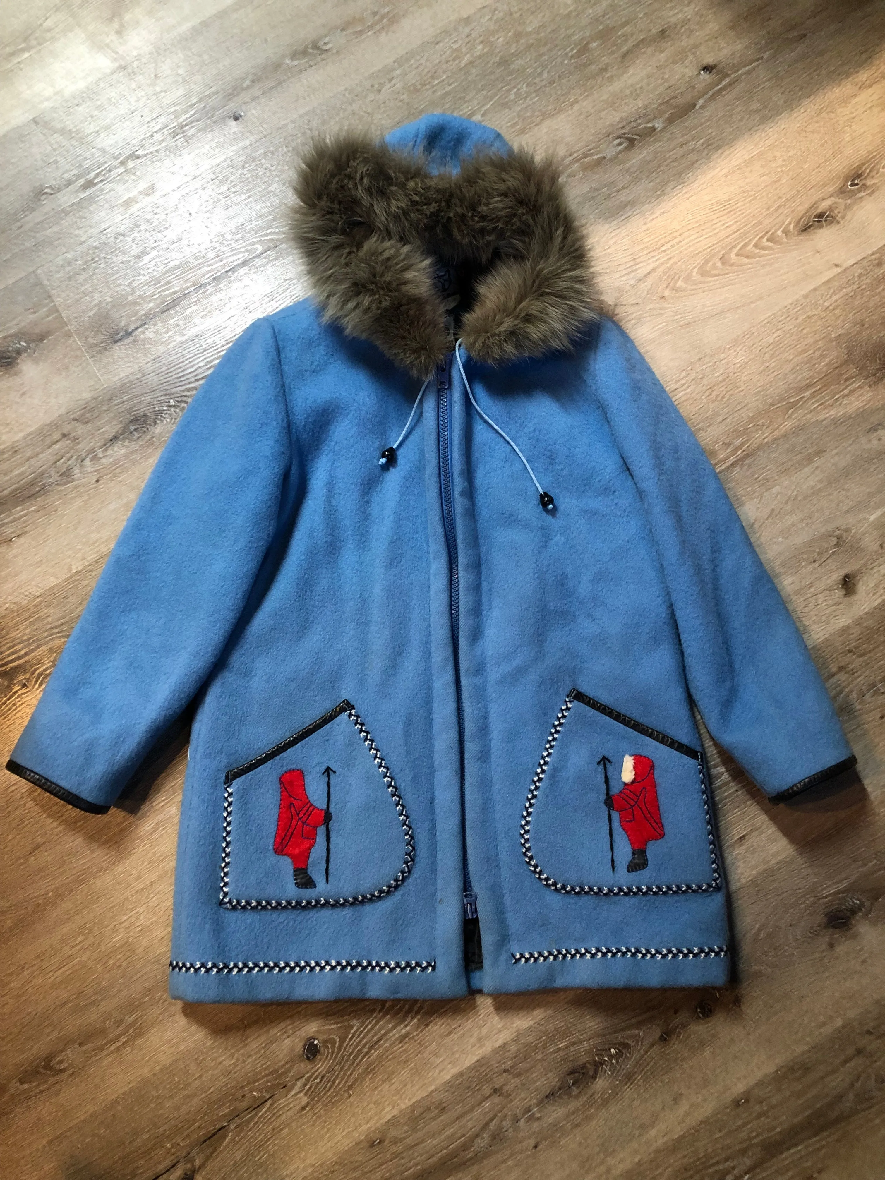 Vintage James Bay Blue Northern Parka with Arctic Life Motif, Made in Canada