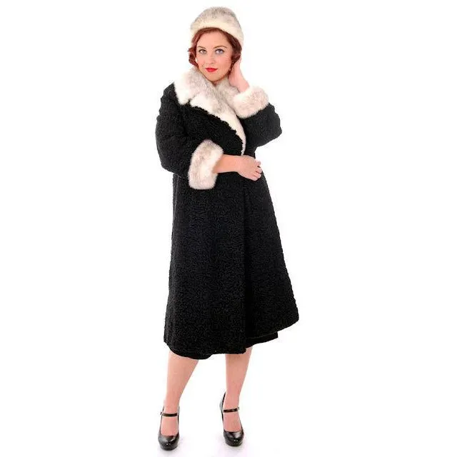 Vintage Ladies Coat Black Persian Lamb Mink Silver Mink Trim & Hat 1950s