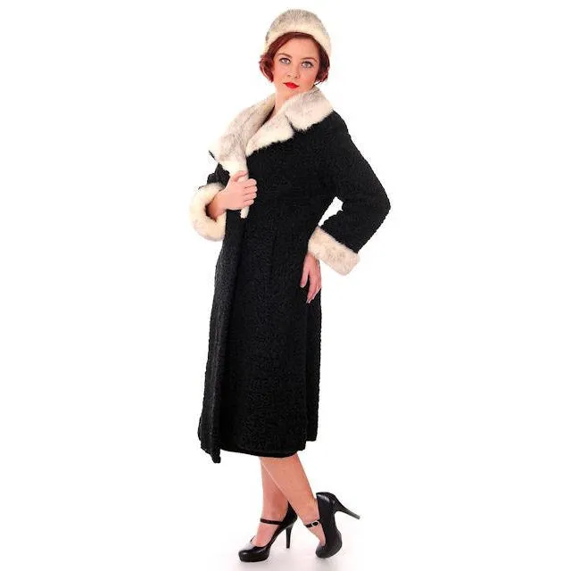 Vintage Ladies Coat Black Persian Lamb Mink Silver Mink Trim & Hat 1950s