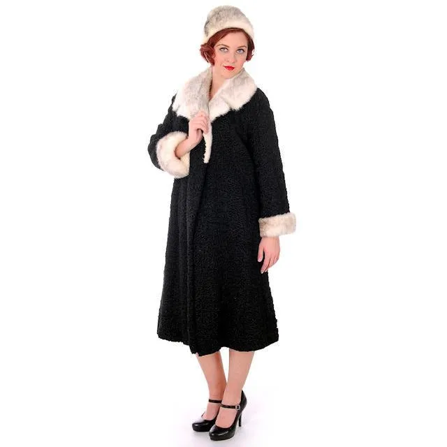 Vintage Ladies Coat Black Persian Lamb Mink Silver Mink Trim & Hat 1950s