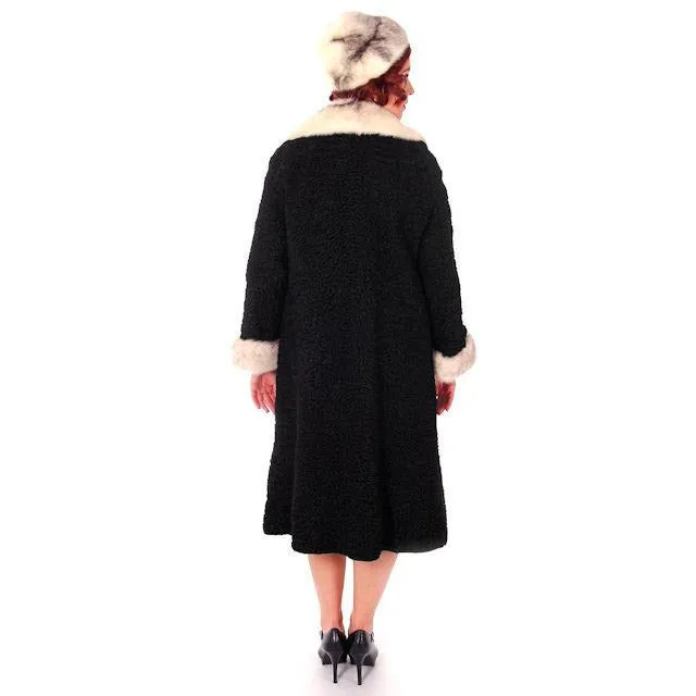 Vintage Ladies Coat Black Persian Lamb Mink Silver Mink Trim & Hat 1950s
