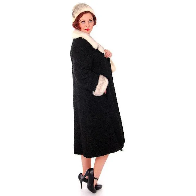 Vintage Ladies Coat Black Persian Lamb Mink Silver Mink Trim & Hat 1950s