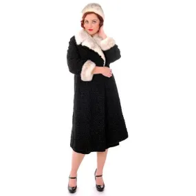Vintage Ladies Coat Black Persian Lamb Mink Silver Mink Trim & Hat 1950s