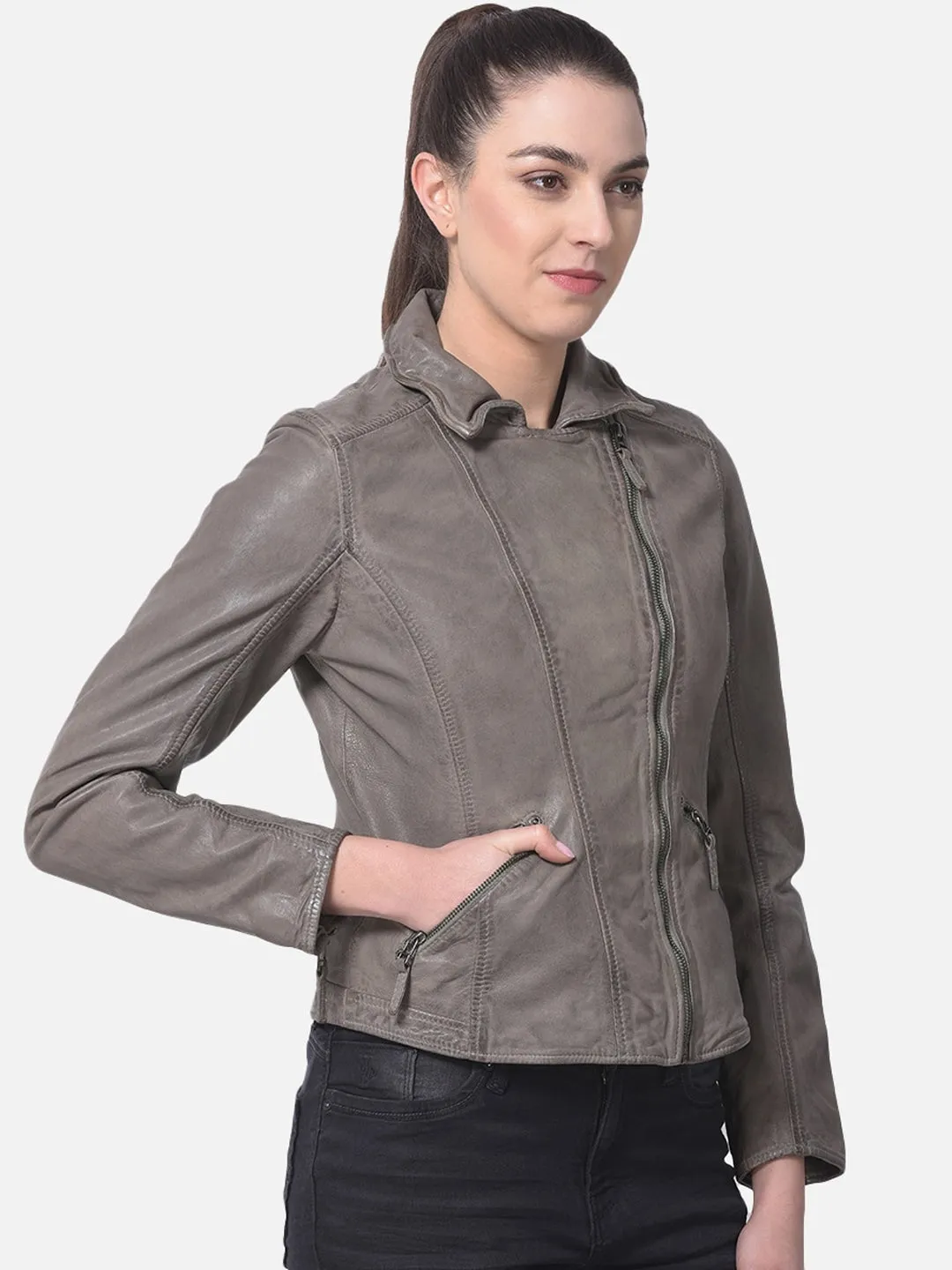 Women Genuine Leather Crop Bomber Jacket | QAWACH
