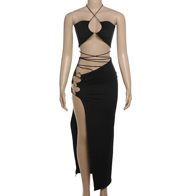 Women Sexy Halter Backless Cutout Split Skirt Set