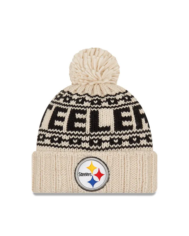 Women's Pittsburgh Steelers New Era 2021 NFL Sideline Pom Cuffed Knit Hat - Natural
