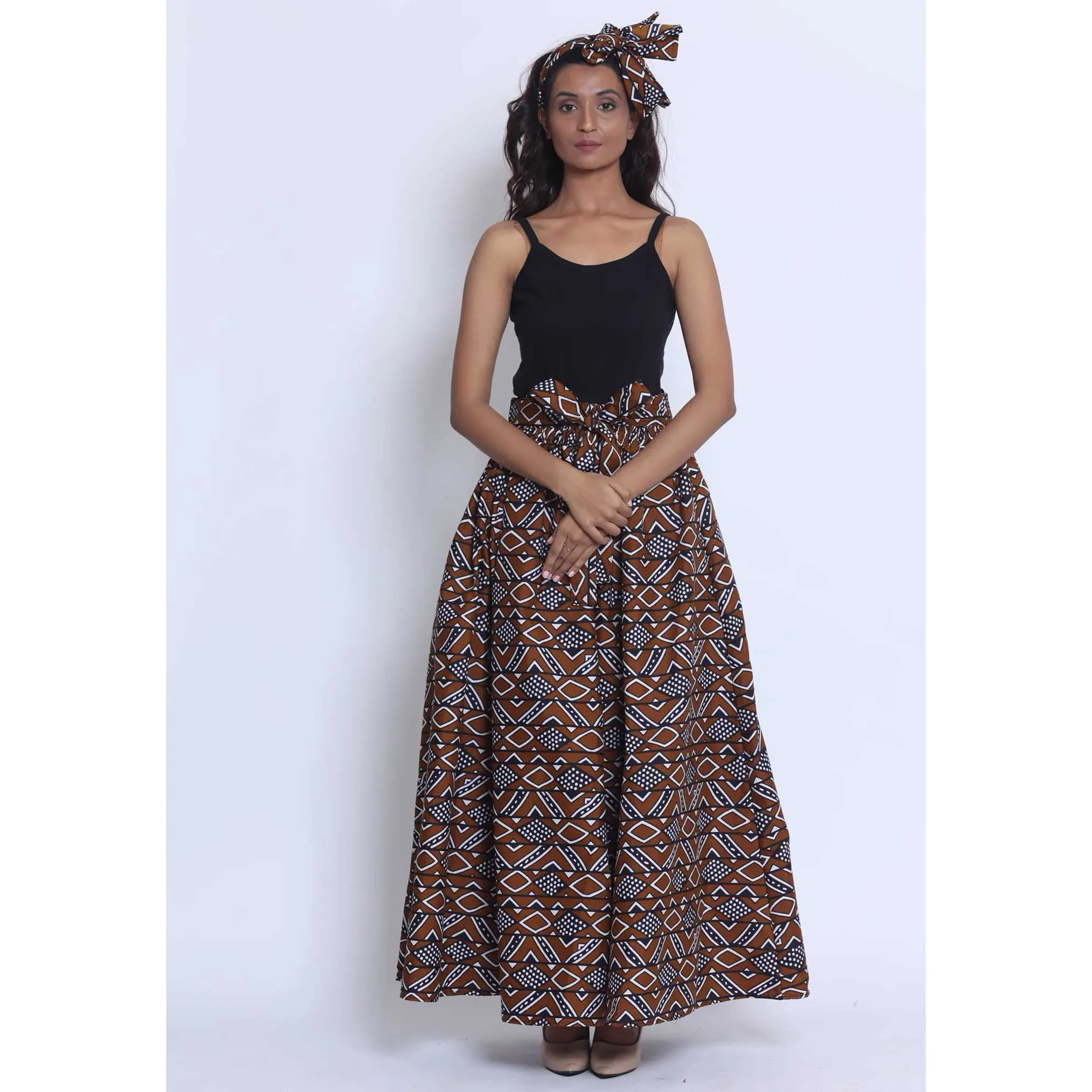 Women's Printed 8 Panel Maxi Skirt with Headwrap -- OM-40R