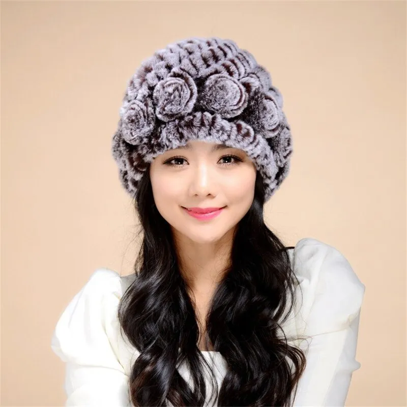 Women's Winter Hat Knitted Real REX Rabbit Fur Hat Top Quality Beanie Hat 14602