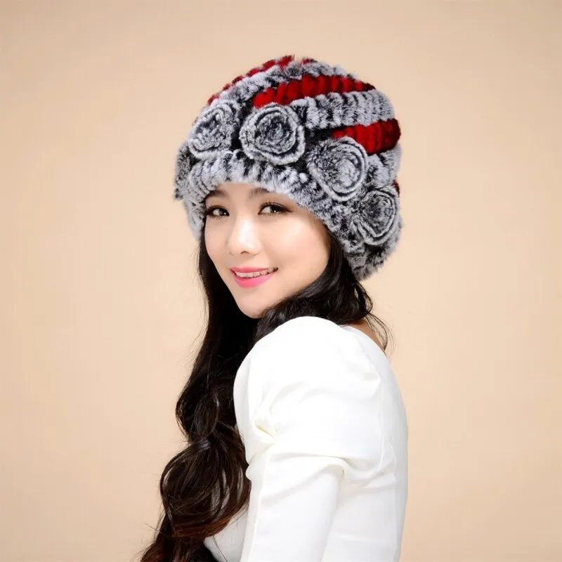 Women's Winter Hat Knitted Real REX Rabbit Fur Hat Top Quality Beanie Hat 14602