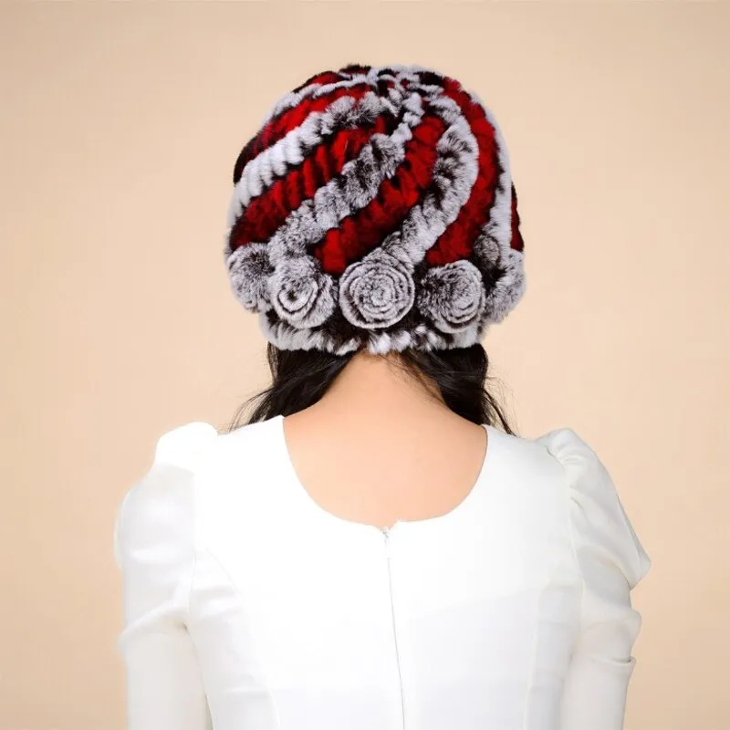 Women's Winter Hat Knitted Real REX Rabbit Fur Hat Top Quality Beanie Hat 14602