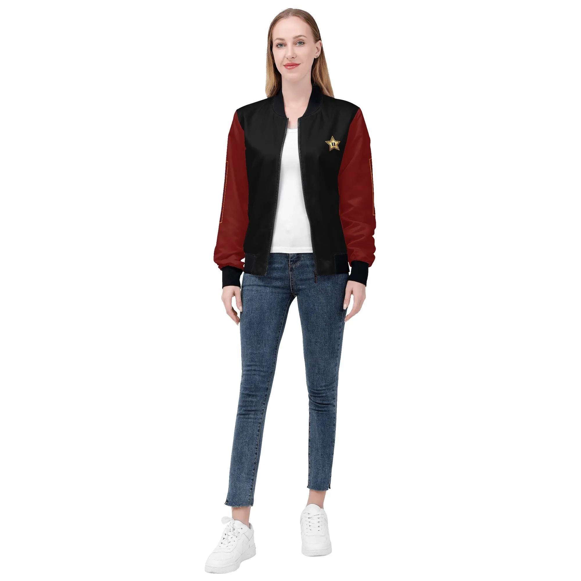 Womens Zip Up Print Bomber Jacket