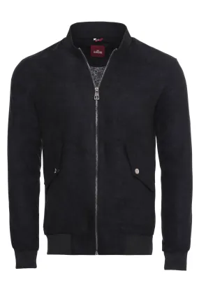 WSS Flap Pockets Suede Navy Blue Men Bomber Coat  - Singen