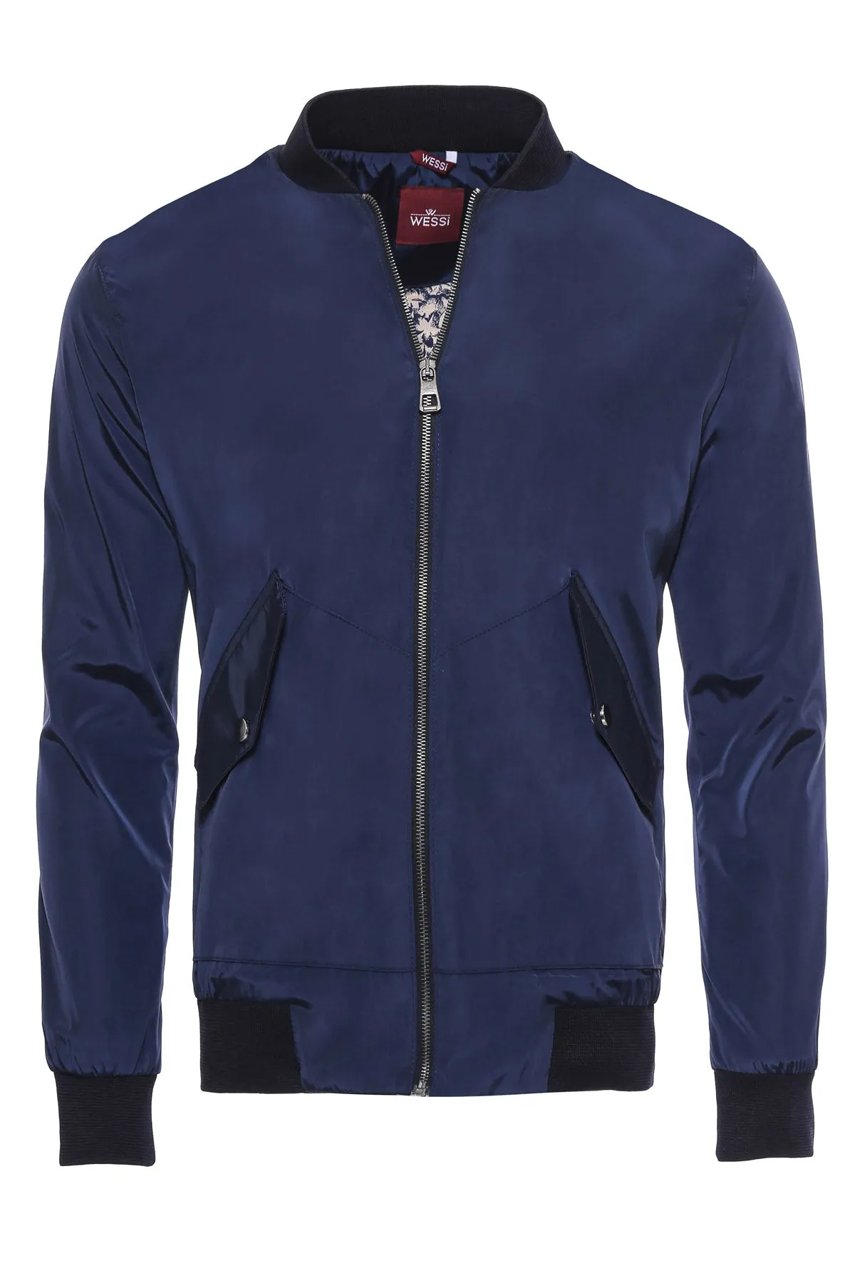 WSS Flap Pockets Zippered Blue Men Bomber Coat  - Singen