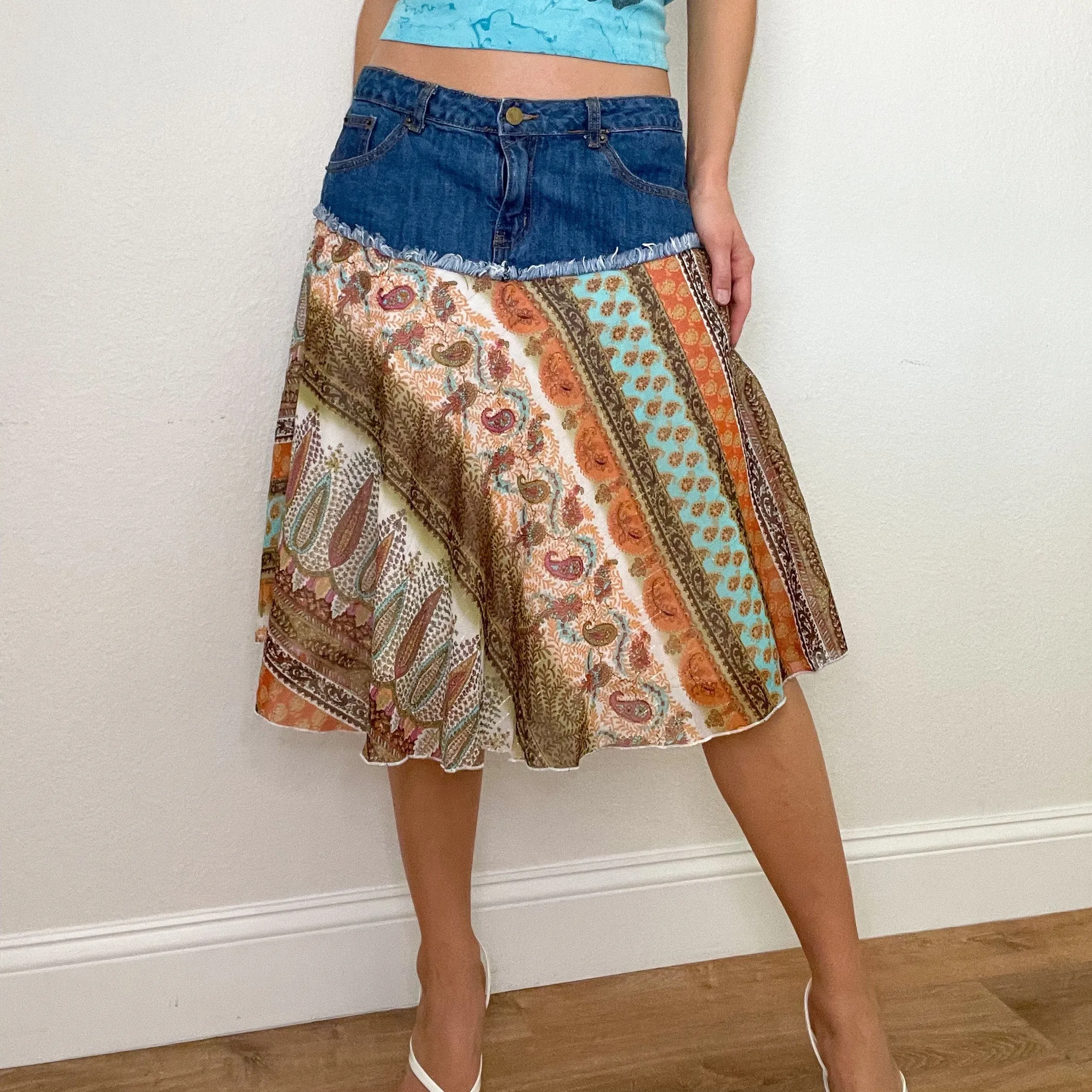 Y2K Denim Ruffle Midi Skirt