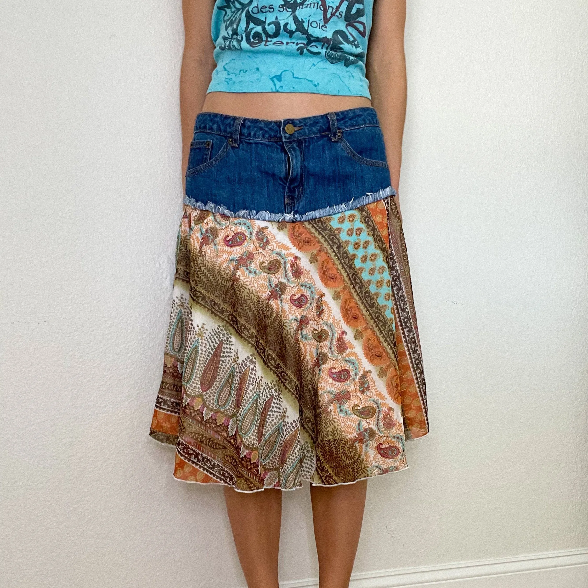 Y2K Denim Ruffle Midi Skirt