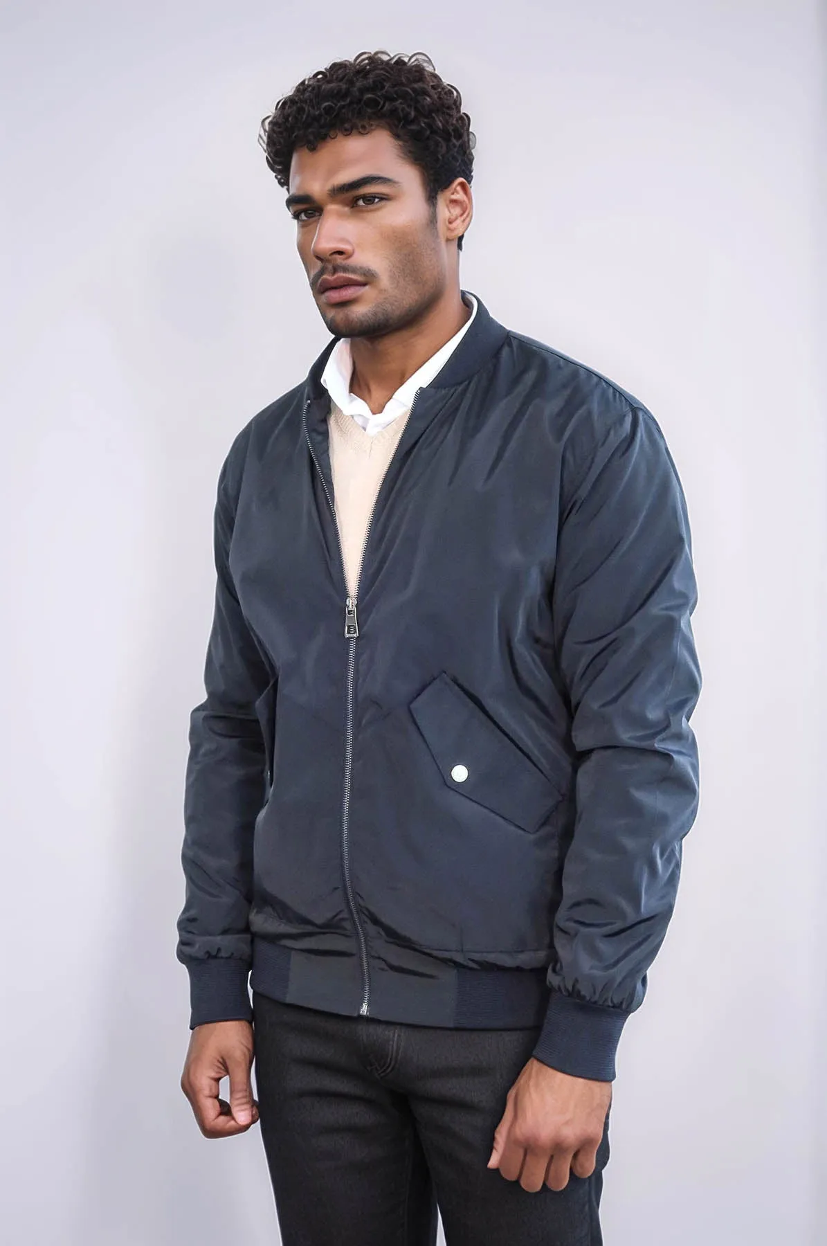 Zippered Flap Pockets Navy Blue Men Bomber Coat - Wessi