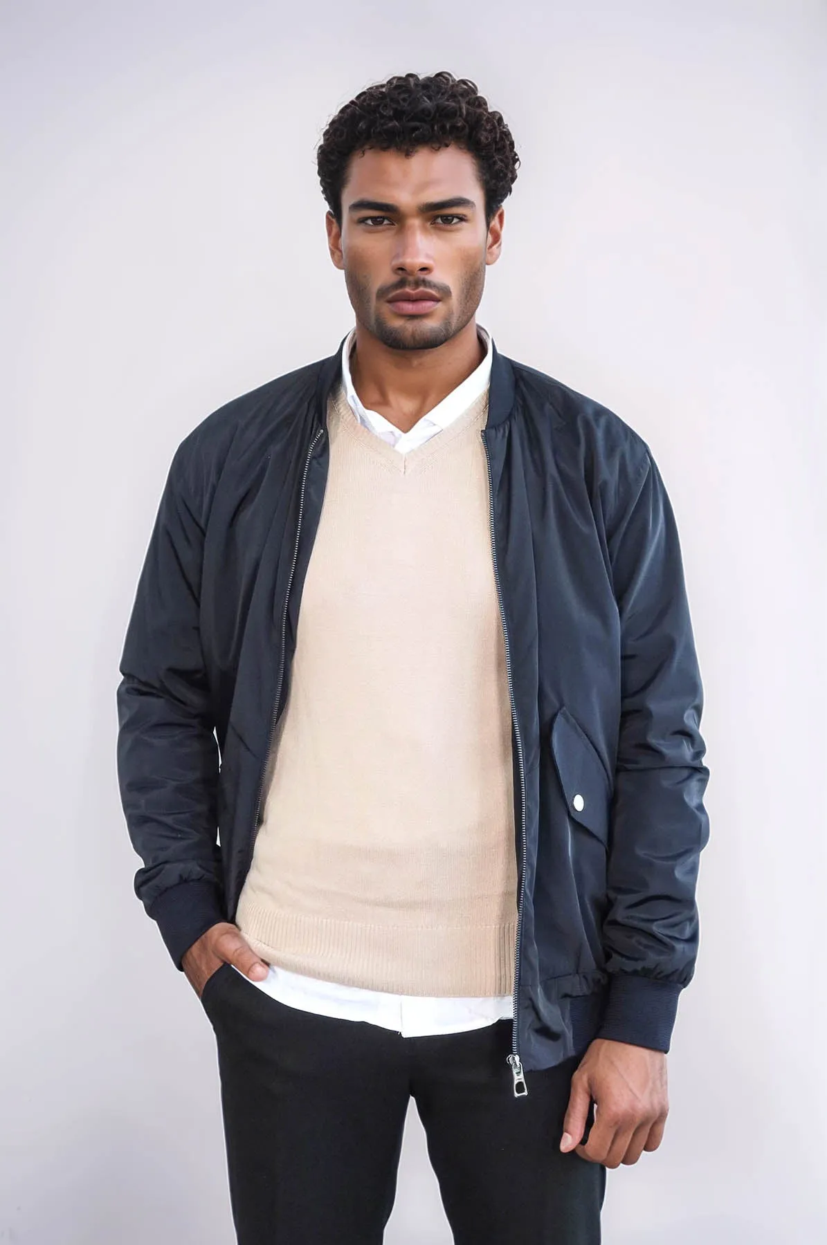 Zippered Flap Pockets Navy Blue Men Bomber Coat - Wessi