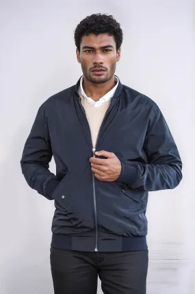 Zippered Flap Pockets Navy Blue Men Bomber Coat - Wessi
